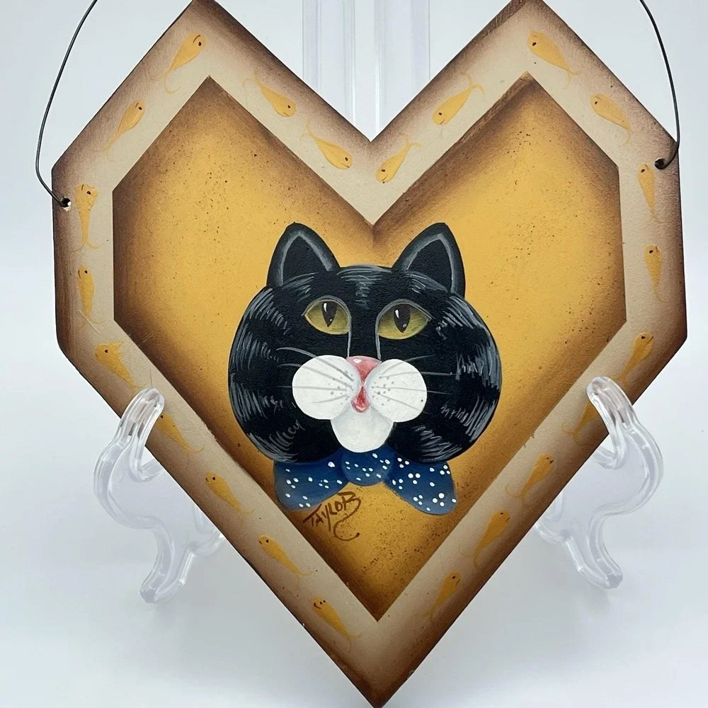 Vintage 1990's Cat Black Tabby Wood Rustic Country Painted Plaque Wall Decor 12